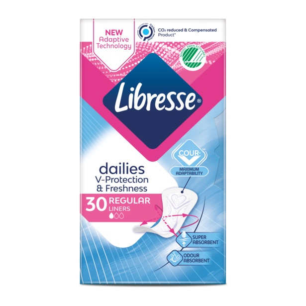 Egy csomag Libresse Dailies Extra Protection Extra Long egy galaxis háttér előtt